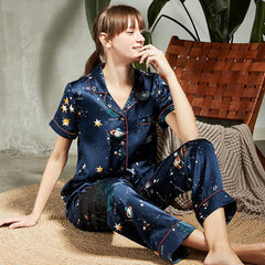 Dos piezas de pijamas de seda floral para mujeres mangas cortas de seda Pantalones largos PJS de seda