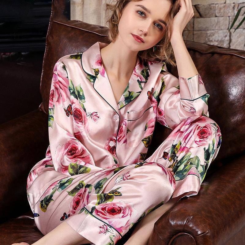Seidenpyjama-Set mit Rosenmuster, zweiteiliger Seidenpyjama für Damen