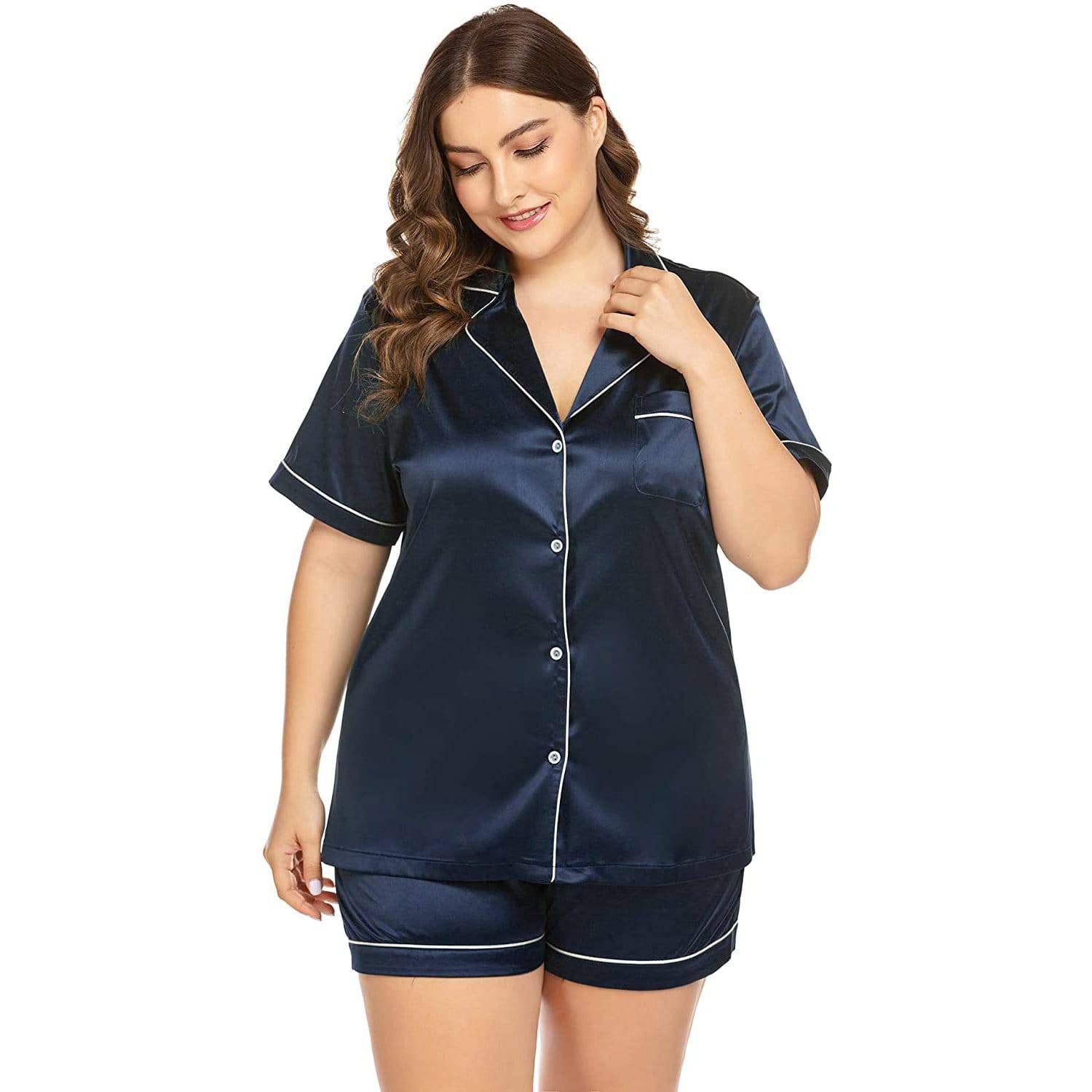 Navy Blue Plus Size Satin Shorts Women's Plus Size Silk Pajama Set