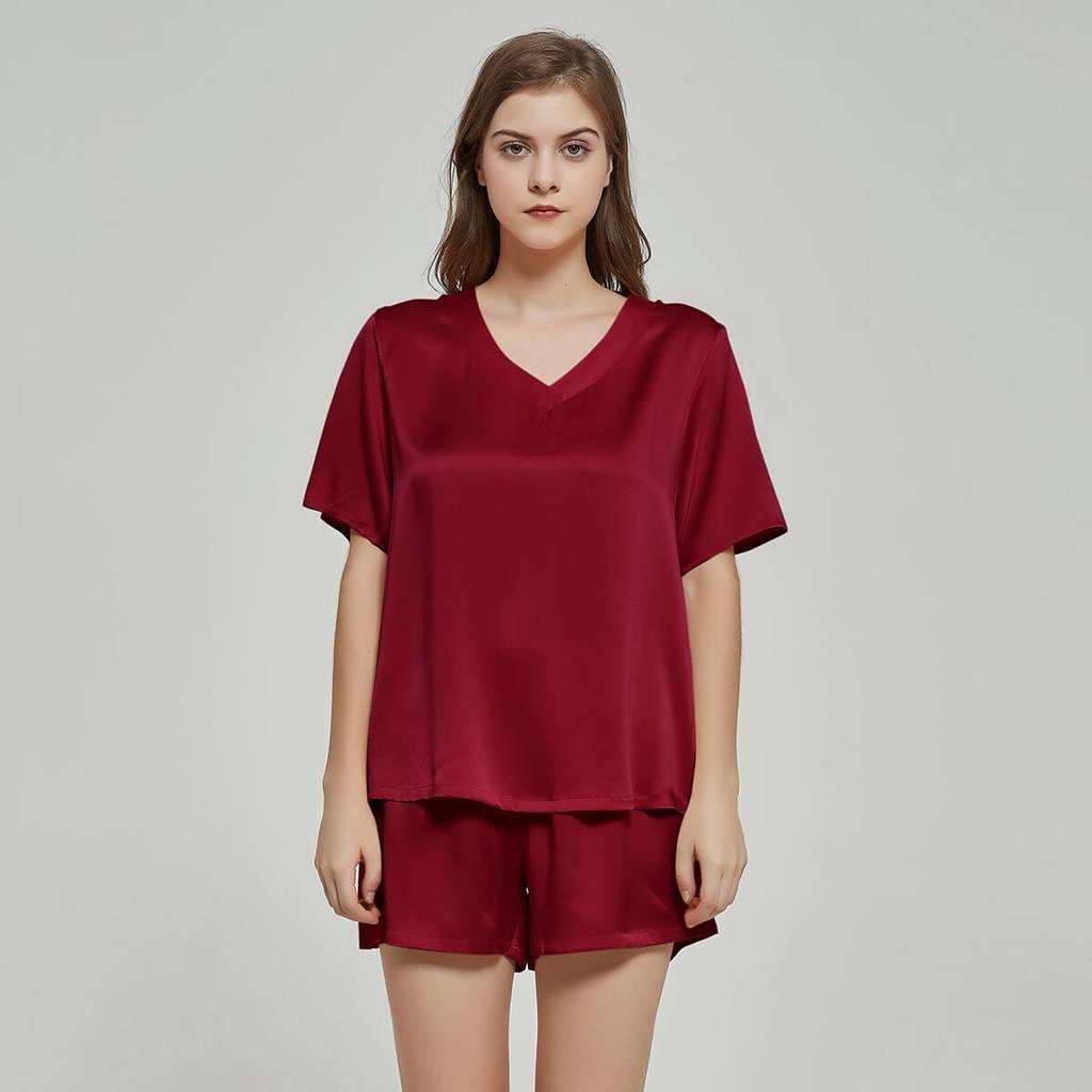100% Mulberry Luxury V neck Short sleeve Nightwear Silk Pajamas Set for Women - DIANASILK