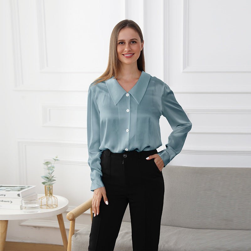 100% Mulberry Silk Womens Silk Blouse Pure Color Long Sleeves Silk Shirts Silk Top