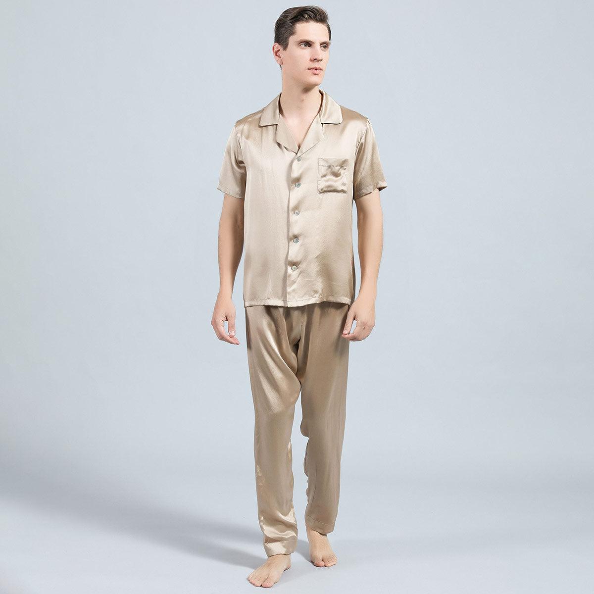 100% Silk Short Sleeve Pajamas Set Short Silk Nightwear Summer For Men - DIANASILK