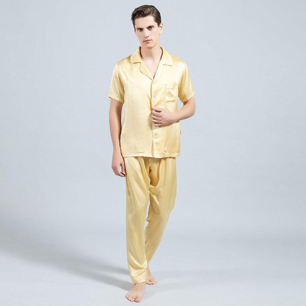 100% Silk Short Sleeve Pajamas Set Short Silk Nightwear Summer For Men - DIANASILK