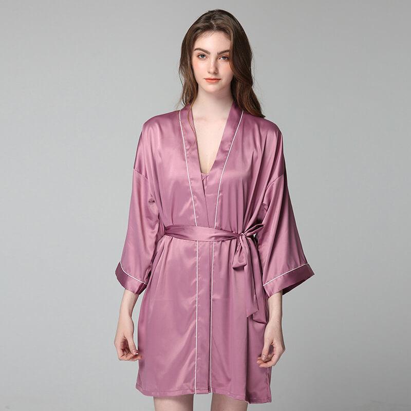 100% Silk V Neck Bridal Short Silk Robes With White Trim Soft Nightwear (multi-colors) - DIANASILK