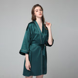 100% Silk V Neck Bridal Short Silk Robes With White Trim Soft Nightwear (multi-colors) - DIANASILK