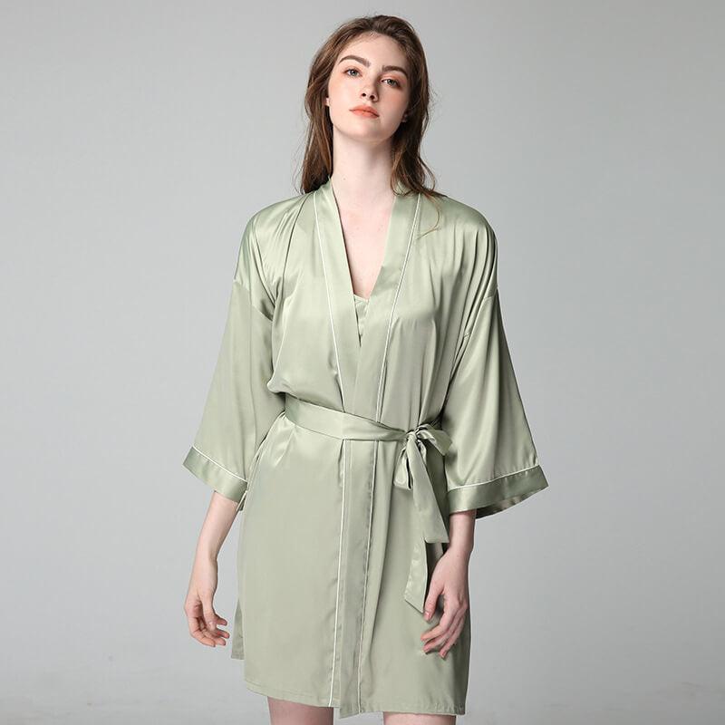 100% Silk V Neck Bridal Short Silk Robes With White Trim Soft Nightwear (multi-colors) - DIANASILK