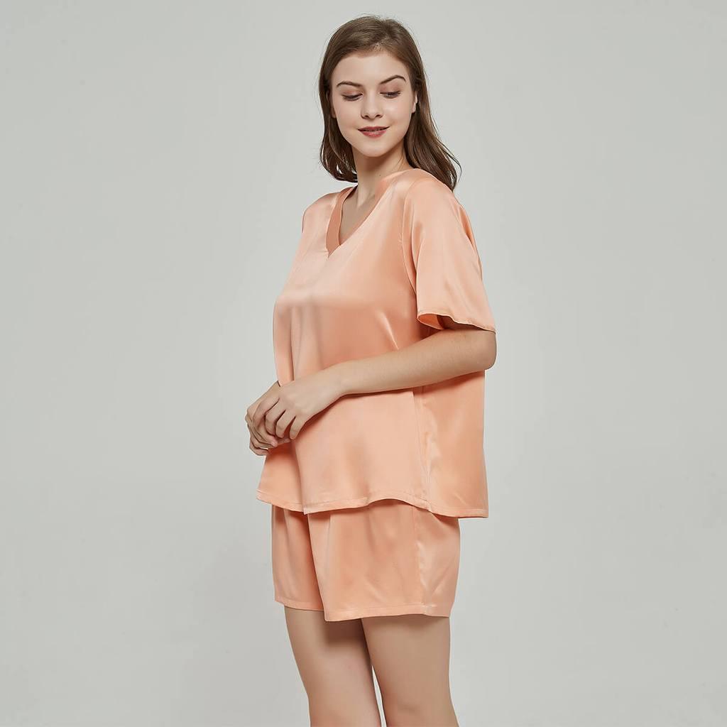 V-neck Short Sleeved Silk T-shirt Short Pajama Set for Women silk pajamas nightwear - DIANASILK