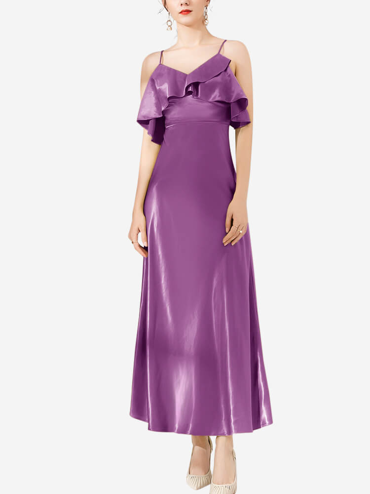Vestido midi de seda con volantes y hombros descubiertos de 22 Momme