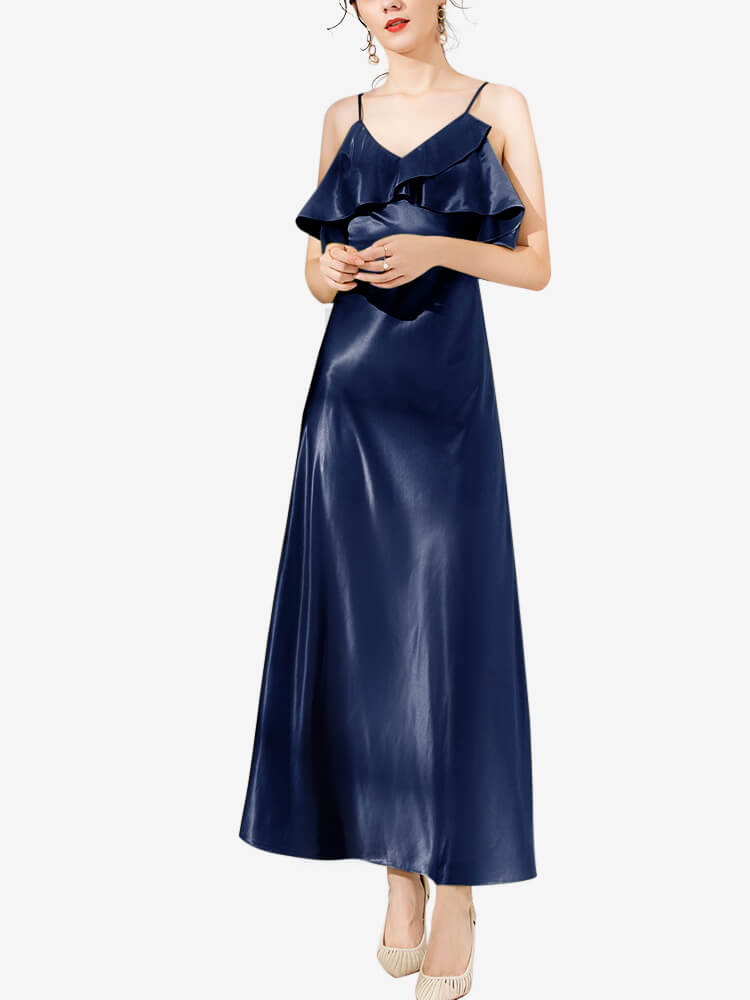 Vestido midi de seda con volantes y hombros descubiertos de 22 Momme