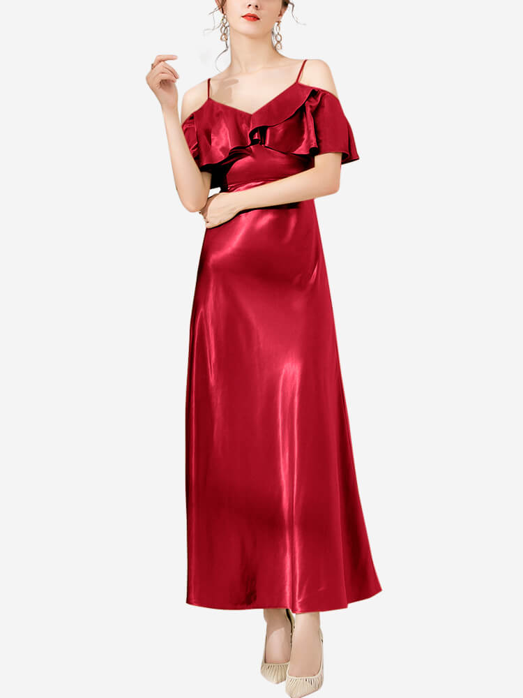 Vestido midi de seda con volantes y hombros descubiertos de 22 Momme