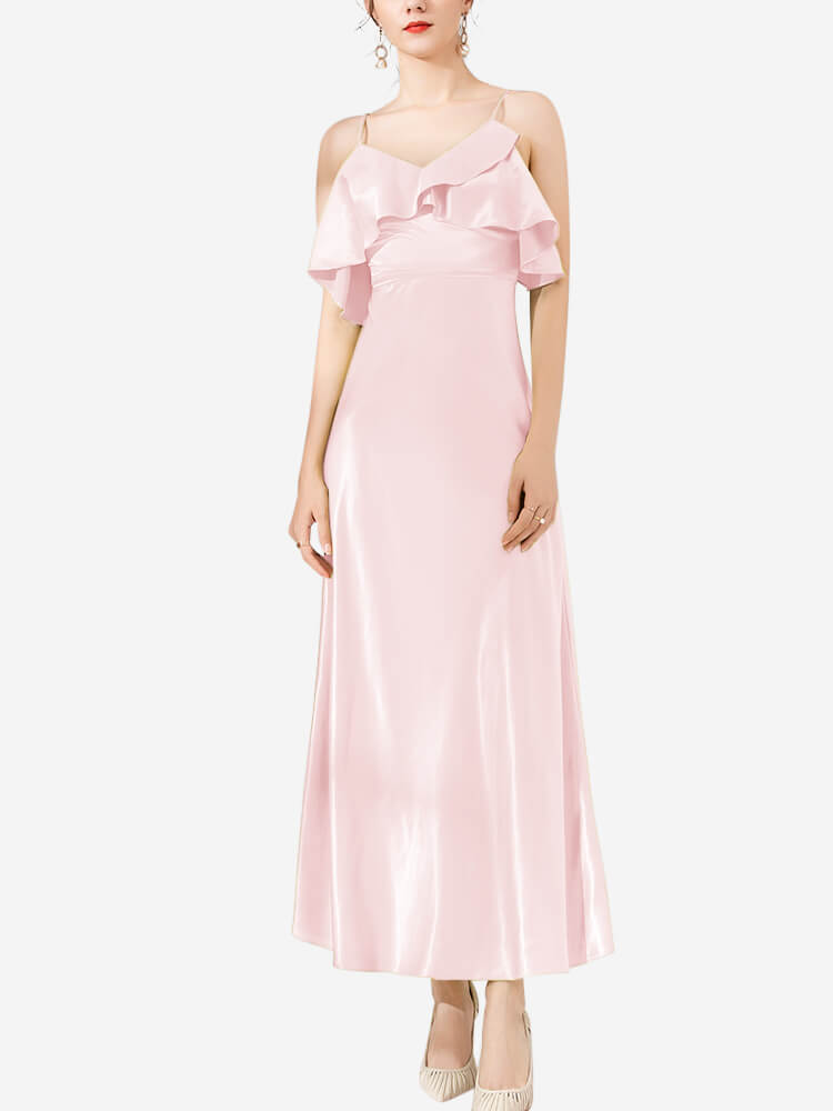 Vestido midi de seda con volantes y hombros descubiertos de 22 Momme