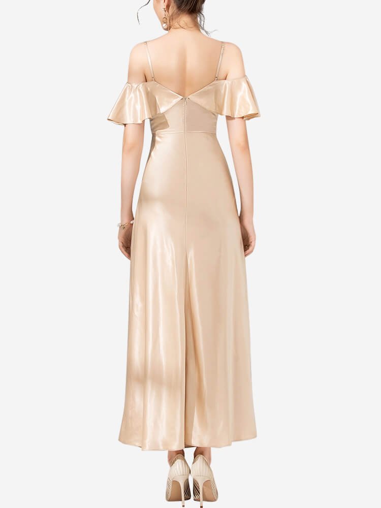 Vestido midi de seda con volantes y hombros descubiertos de 22 Momme