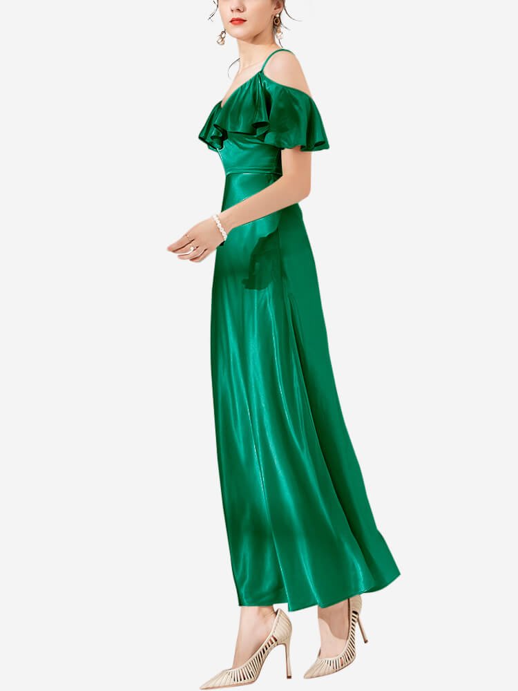 Vestido midi de seda con volantes y hombros descubiertos de 22 Momme