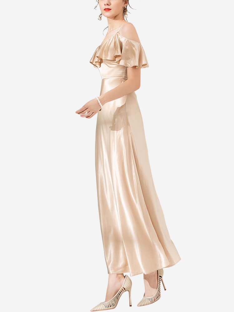 Vestido midi de seda con volantes y hombros descubiertos de 22 Momme