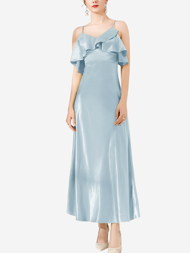 Vestido midi de seda con volantes y hombros descubiertos de 22 Momme