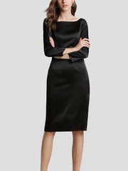 22 Momme Elegant Long Sleeve Boat Neck Midi Silk Work Dress  DIANASILK