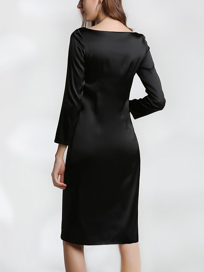22 Momme Elegant Long Sleeve Boat Neck Midi Silk Work Dress – DIANASILK