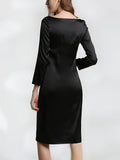 22 Momme Elegant Long Sleeve Boat Neck Midi Silk  Work Dress