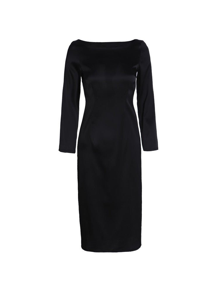 Vestido midi de trabajo elegante de seda con cuello barco y manga larga de 22 Momme