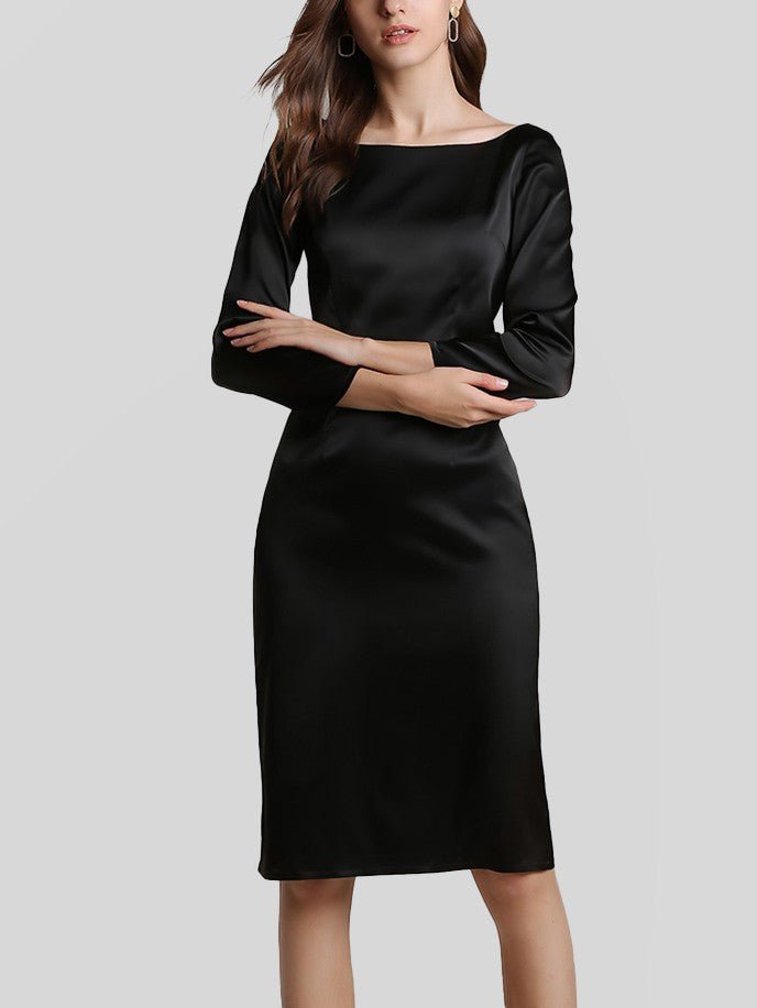 22 Momme Elegant Long Sleeve Boat Neck Midi Silk Work Dress – DIANASILK