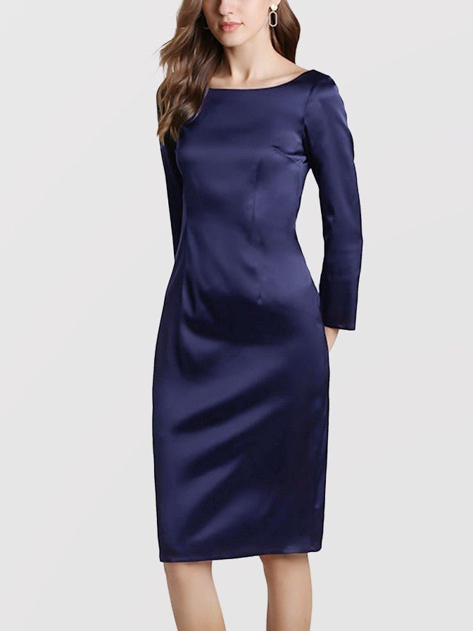 Navy Blue / XS 22 Momme Elegant Long Sleeve Boat Neck Midi Silk Work Dress Navy Blue / XS 22 Momme Elegant Long Sleeve Boat Neck Midi Silk Work Dress
