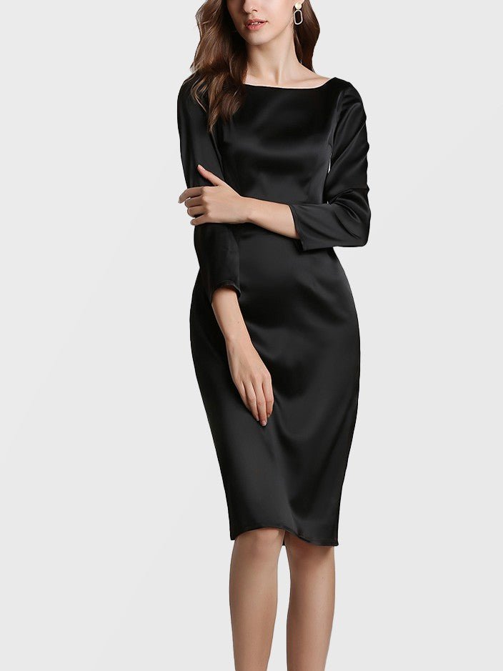 22 Momme Elegant Long Sleeve Boat Neck Midi Silk Work Dress – DIANASILK