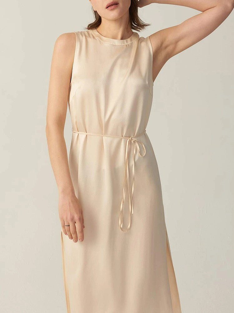 22 Momme Elegant Sleeveless Long Silk Dress With Slits For Women