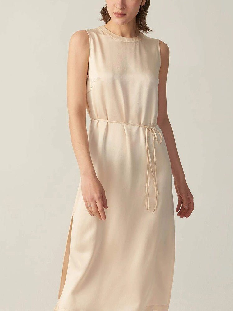 22 Momme Elegant Sleeveless Long Silk Dress With Slits For Women