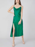 Vestido midi sexy de seda con cuello vuelto y abertura lateral de 22 Momme