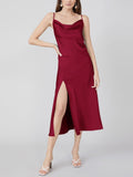 Vestido midi sexy de seda con cuello vuelto y abertura lateral de 22 Momme
