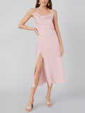 Vestido midi sexy de seda con cuello vuelto y abertura lateral de 22 Momme
