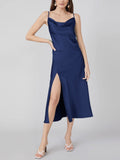 Vestido midi sexy de seda con cuello vuelto y abertura lateral de 22 Momme
