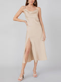 Vestido midi sexy de seda con cuello vuelto y abertura lateral de 22 Momme