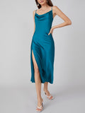 Vestido midi sexy de seda con cuello vuelto y abertura lateral de 22 Momme