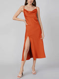 Vestido midi sexy de seda con cuello vuelto y abertura lateral de 22 Momme
