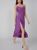 Vestido midi sexy de seda con cuello vuelto y abertura lateral de 22 Momme