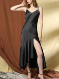 22 Momme Robe longue sexy en soie à volants avec fente haute