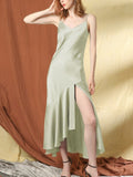 22 Momme Robe longue sexy en soie à volants avec fente haute
