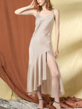 22 Momme Robe longue sexy en soie à volants avec fente haute