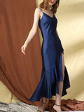 22 Momme Robe longue sexy en soie à volants avec fente haute
