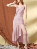 22 Momme Robe longue sexy en soie à volants avec fente haute