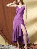 22 Momme Robe longue sexy en soie à volants avec fente haute
