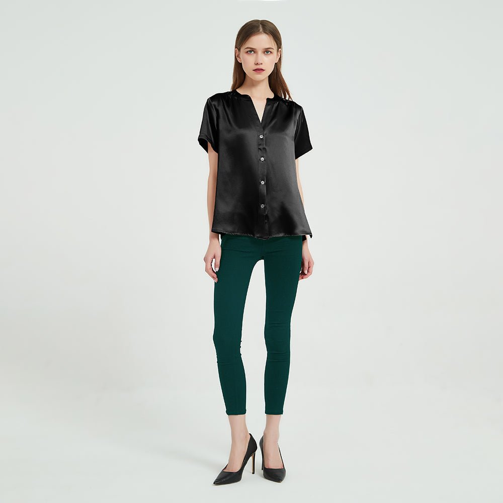 Women's 100% Silk T-Shirt with Bra Short Sleeves Tee Shirt Top Built in Bra