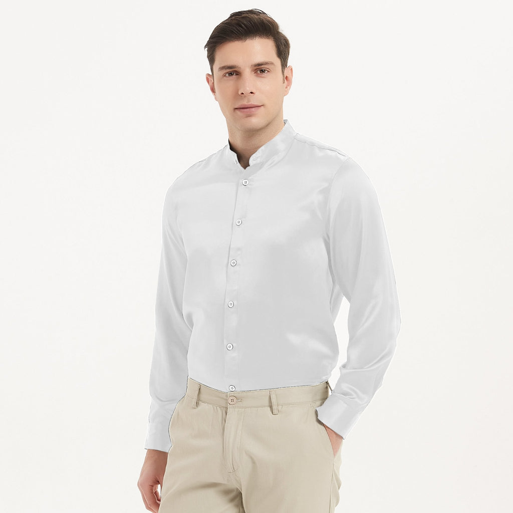 camisas de seda de negocios de 22 mm para top de seda de manga larga con cuello alto para hombre