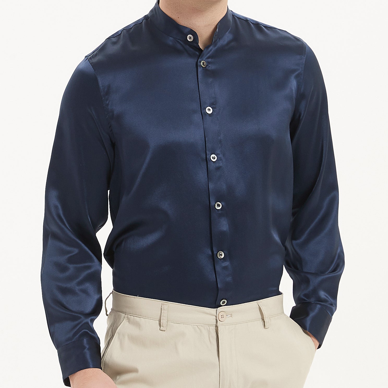 トップス ~ 80s Stand Collar Silk Shirt Chinese Style Short Sleeved Shirt 100% Silk Satin Men Stand Collar