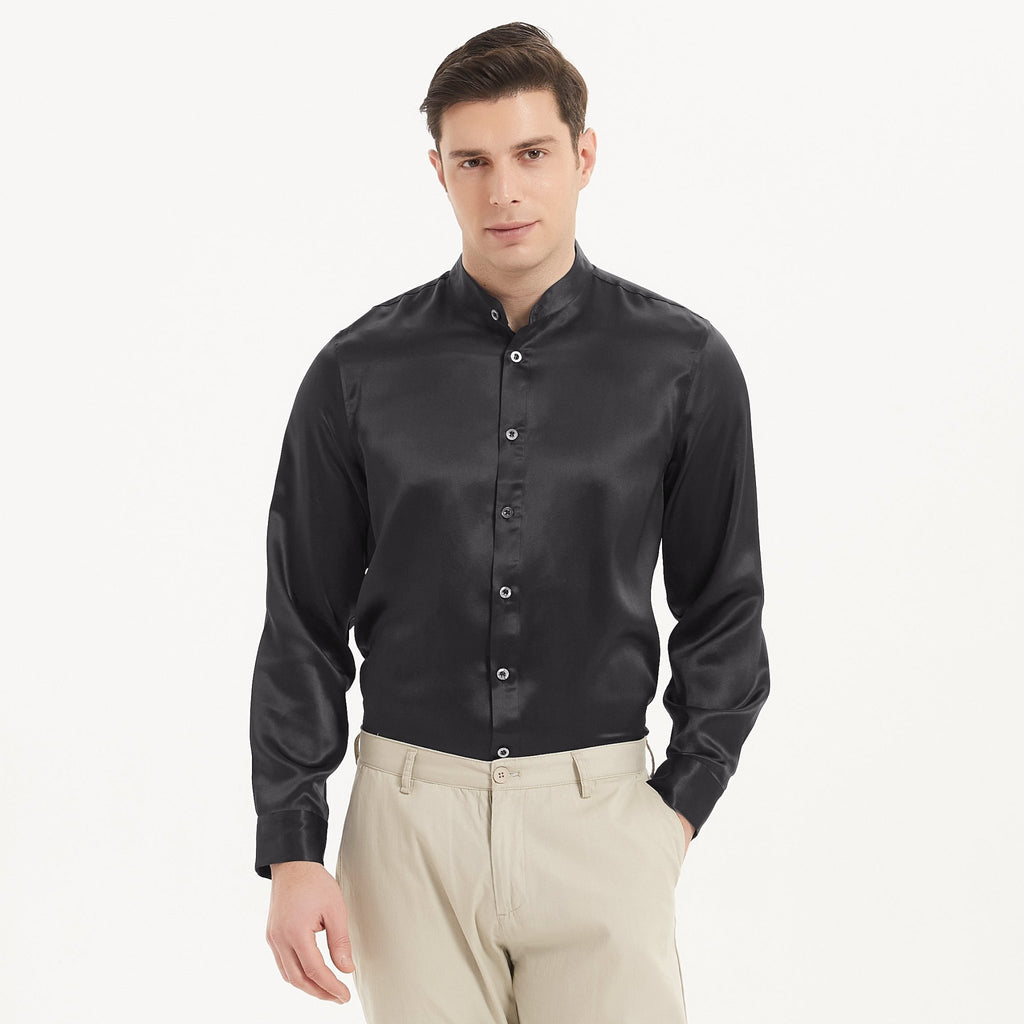 camisas de seda de negocios de 22 mm para top de seda de manga larga con cuello alto para hombre