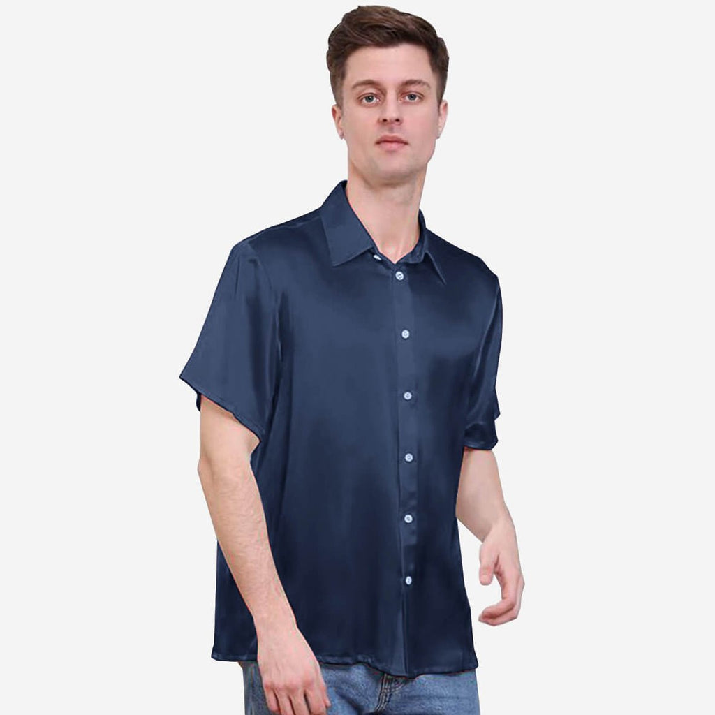 22MM Luxury Short-Sleeves Silk Shirts For Men Pure Color Silk Top