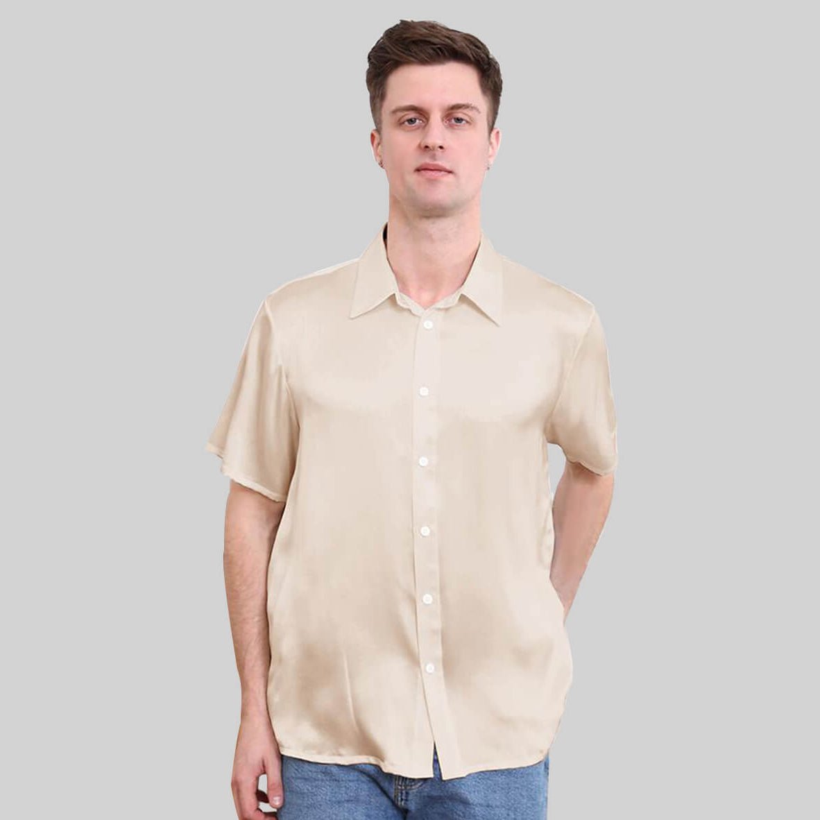 22MM Luxus-Kurzarm-Seidenhemden für Männer Reine Farbe Seidenoberteil