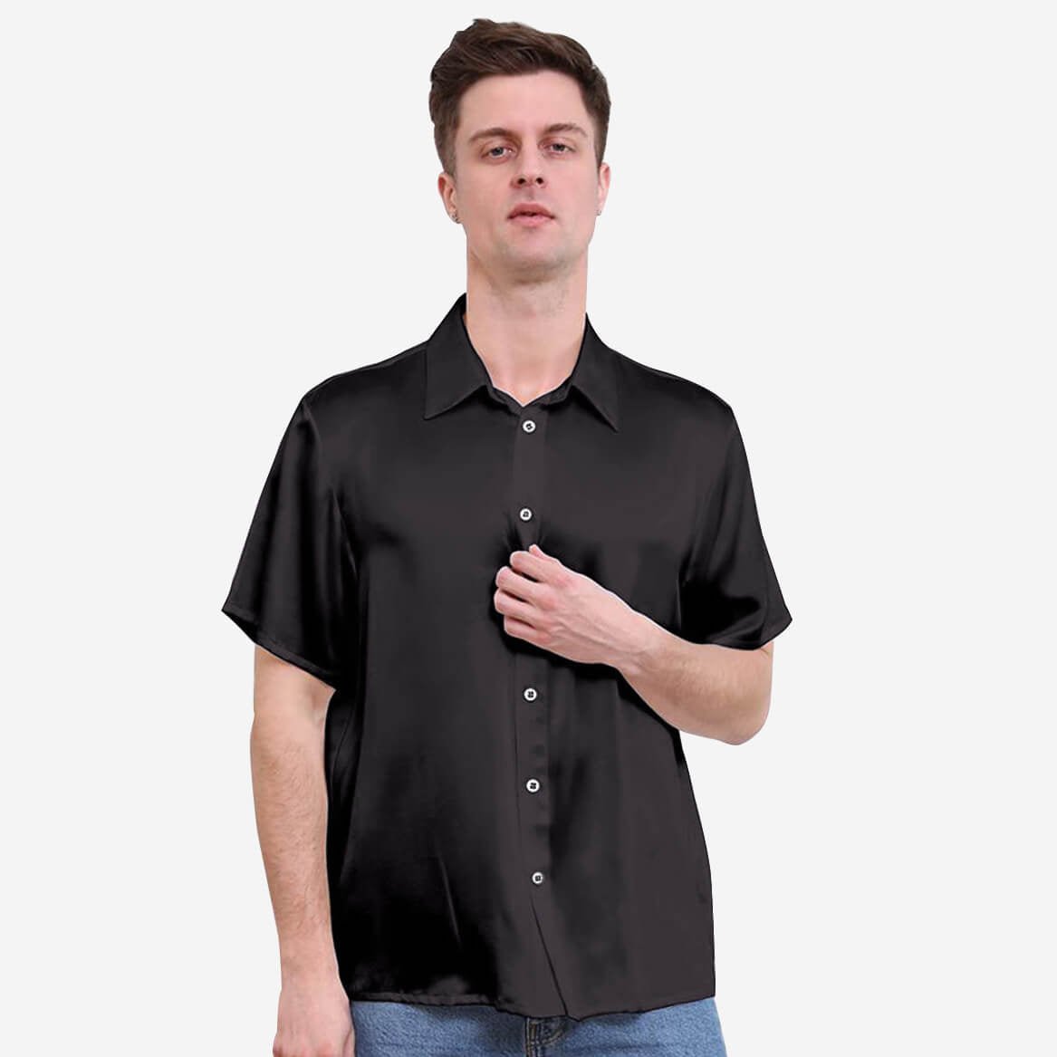 22MM Luxus-Kurzarm-Seidenhemden für Männer Reine Farbe Seidenoberteil