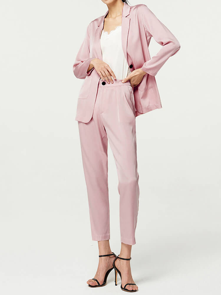Conjunto de traje de pantalón de seda pura de color liso para mujer de 30 Momme